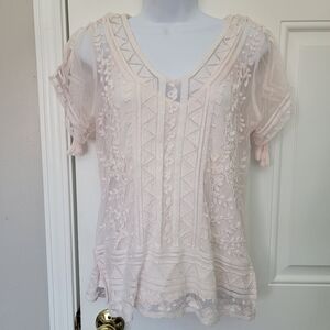 WHBM Lace Sheer Lined Tassels Feminine Short Sleeve Blouse Light Blush Pink S